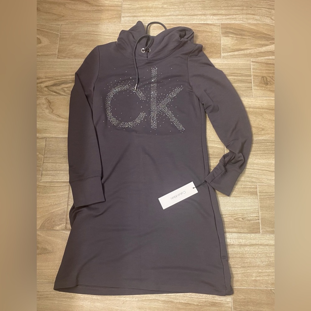 CALVIN KLEIN ❤️Womens Long Sleve Hooded Dress CK Logo S/CH/P NWT